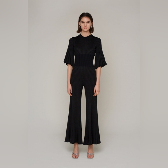 AMYLYNN The Bae Wide Leg Fitted Knit Jumpsuit in Black - Picture 1 of 12